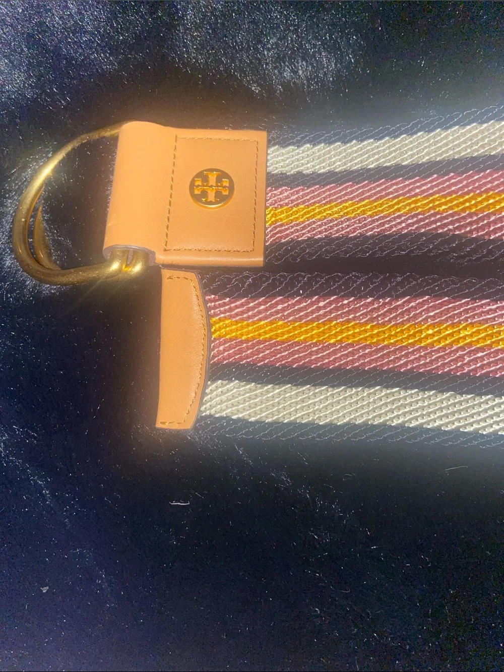 Tory Burch Striped Canvas Adjustable Belt with Leather Accent